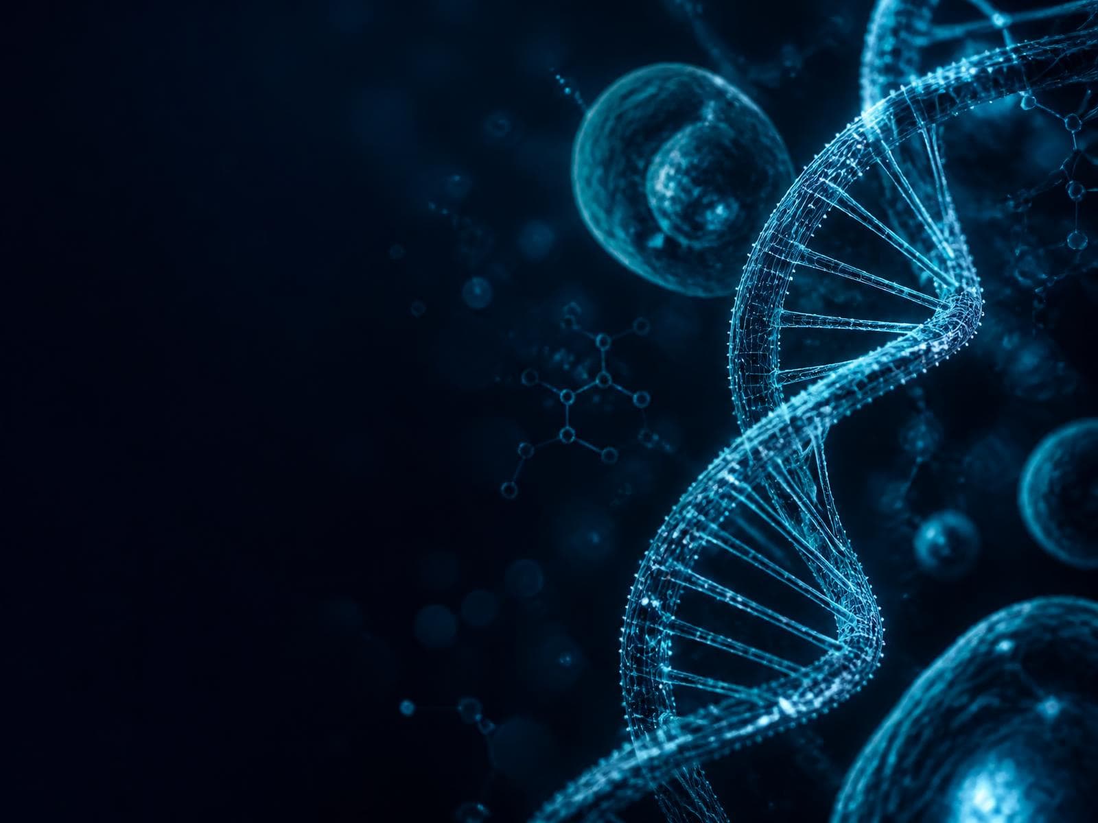 Illustration of a DNA double helix surrounded by cells and molecular structures